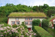 Auf einigen Häusern wächst Gras auf dem Dach